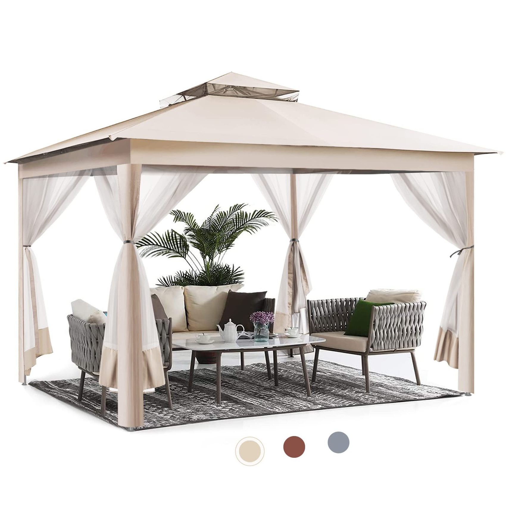 12x12 ft Roof Pop up Gazebo Outdoor Canopy Shelter Double Roof Steel Gazebo with Mosquito Netting