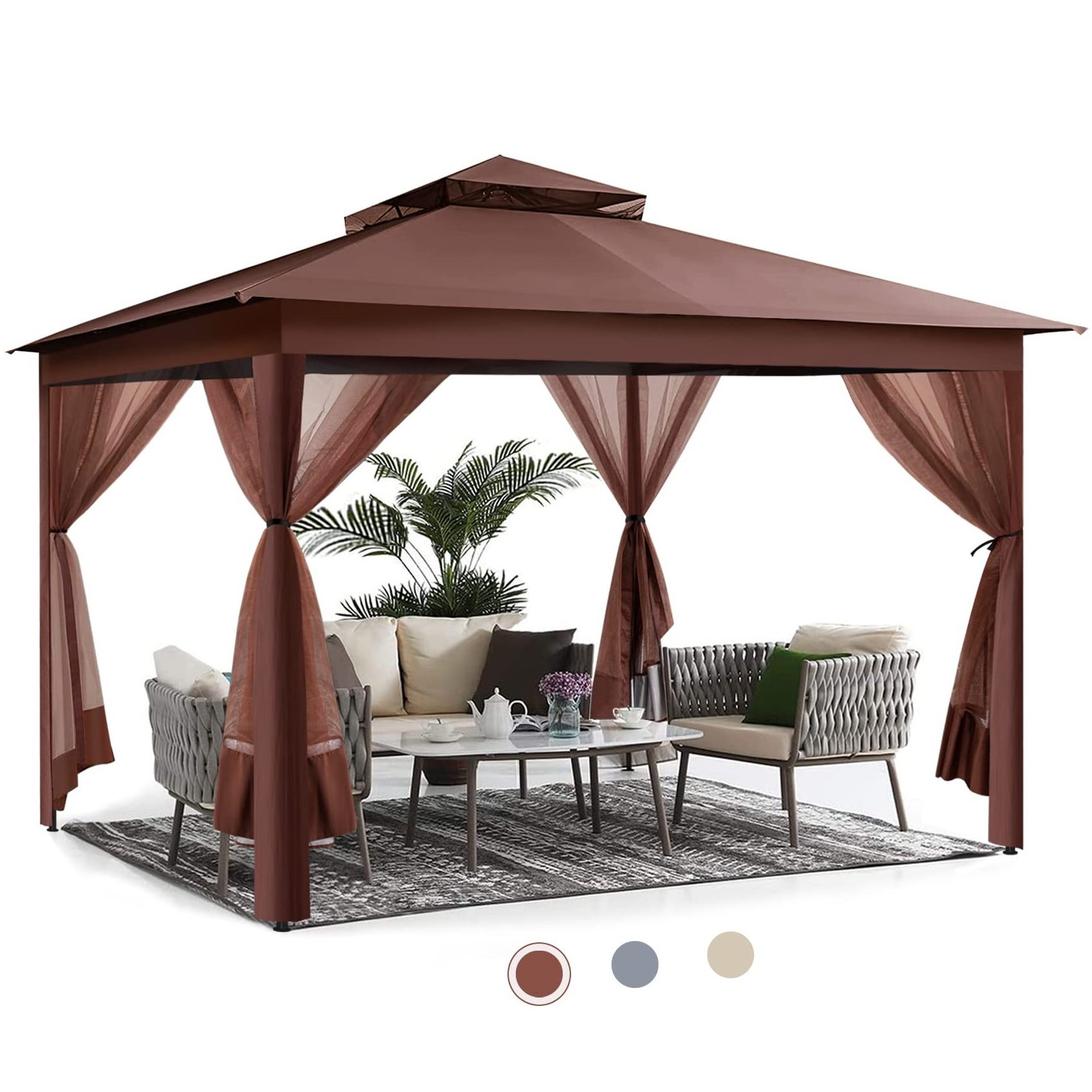 12x12 ft Roof Pop up Gazebo Outdoor Canopy Shelter Double Roof Steel Gazebo with Mosquito Netting