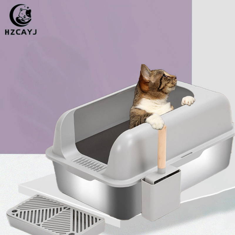 Large Capacity Semi-closed Sand Box Pet Toilet Anti Splash Cat Tray Cleaning Bath Basin Supplies stainless steel cat litter box