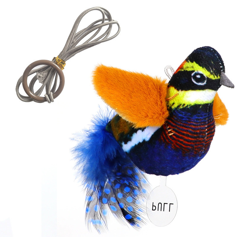 Polyester Soft Material Electric Sound Component Pet Interactive Toys Polyester Bird With Feather Tail Battery Cat Toy