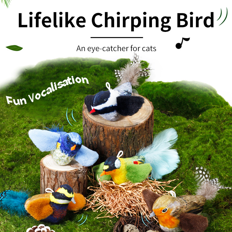 Polyester Soft Material Electric Sound Component Pet Interactive Toys Polyester Bird With Feather Tail Battery Cat Toy