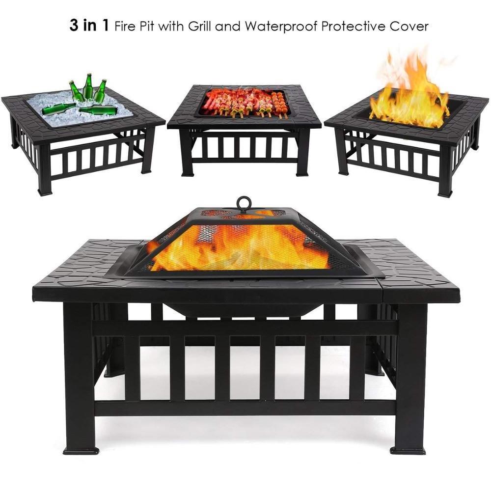 81*81*45cm 3 in 1 Square Fire Place BBQ Grill Fire Pits Screen For Garden Patio Camping Heating