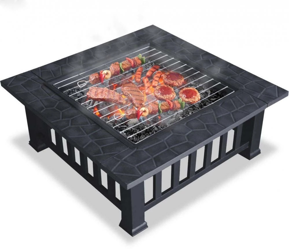 Outdoor Wood Charcoal Burning Stove Patio Garden Hot Sale Square Metal Spark Safety Screen Fire Pit with BBQ Grill