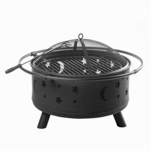 Outdoor Garden Wood Burning Fire Pit with Cooking Grate Moon Star Design Round Firepits