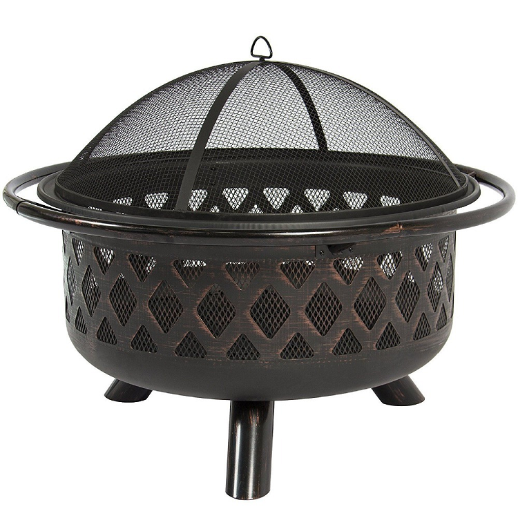 Outdoor Patio Durable Round Fire Pit BBQ Fireplace With Screen Cover