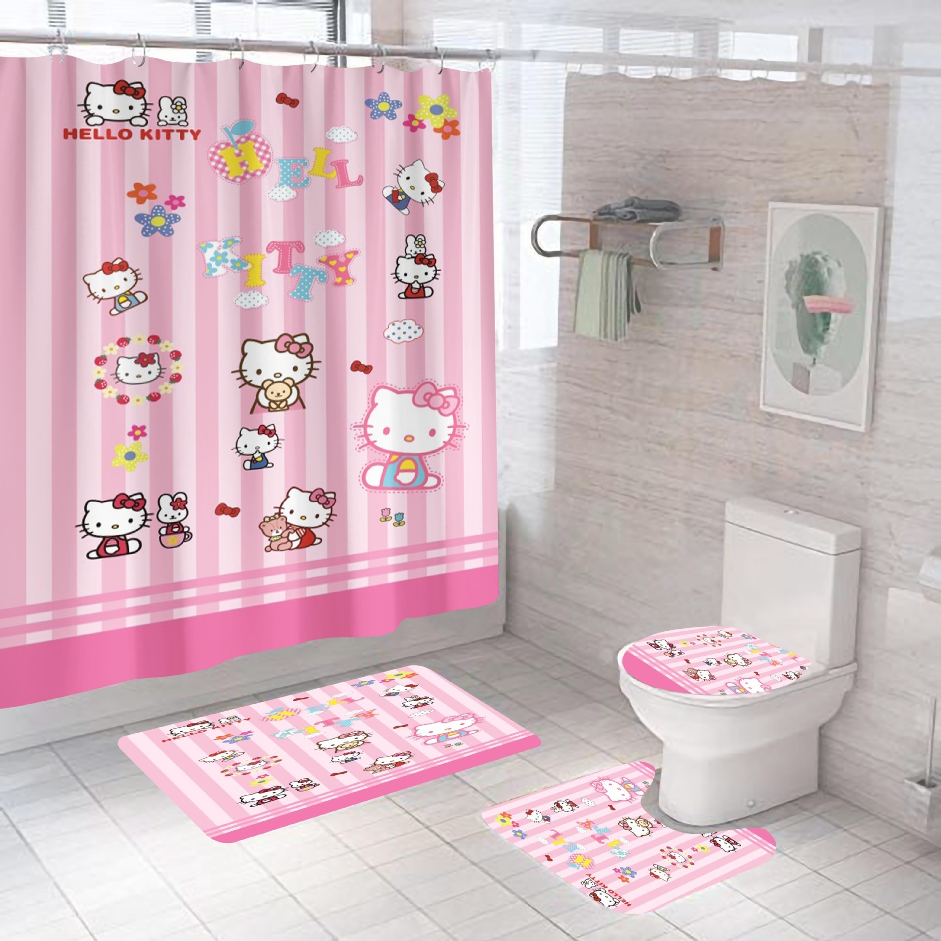 Pink Cat Series HD Digital Printing Mildew-Proof and Waterproof Polyester Hello-Kitty Bathroom Curtains