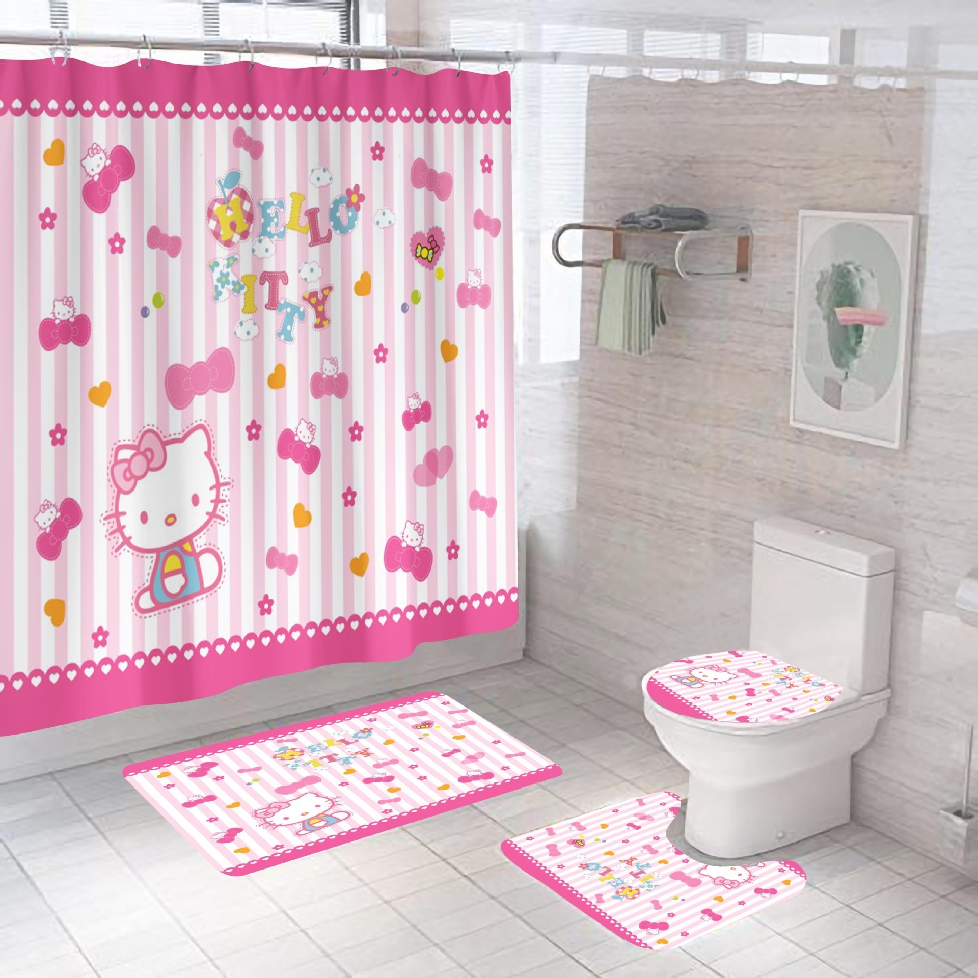 Pink Cat Series HD Digital Printing Mildew-Proof and Waterproof Polyester Hello-Kitty Bathroom Curtains