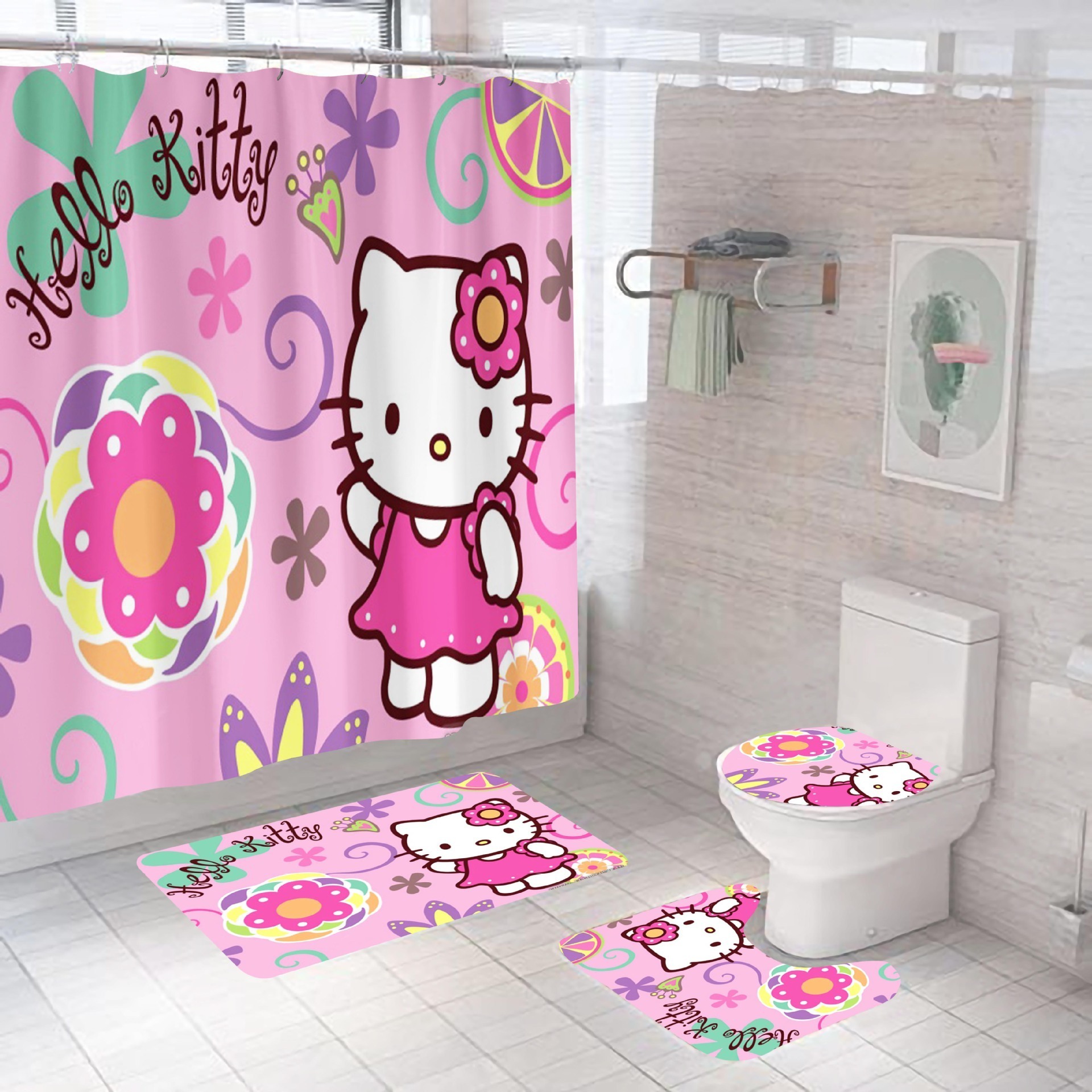 Pink Cat Series HD Digital Printing Mildew-Proof and Waterproof Polyester Hello-Kitty Bathroom Curtains