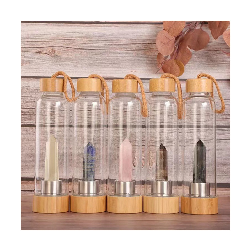 New Arrive 304 Stainless Steel Glass Crystal Water Bottles With Natural Rose Quartz Point Healing Obelisk Wand Energy Cup