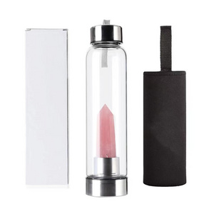 New Arrive 304 Stainless Steel Glass Crystal Water Bottles With Natural Rose Quartz Point Healing Obelisk Wand Energy Cup