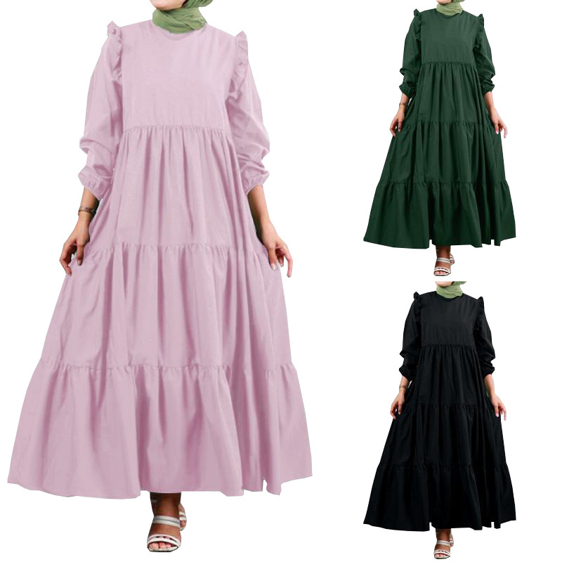 Wholesale Islamic Clothing Solid Color Plus Size Dresses Women Dubai Casual Muslim Abaya Dress