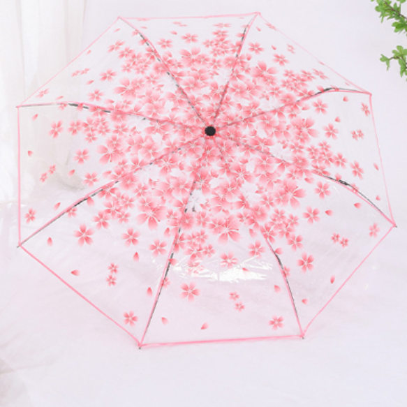 Sakura Pattern Clear Transparent Folding Manual open Umbrella Rainy outdoor umbrella with fun