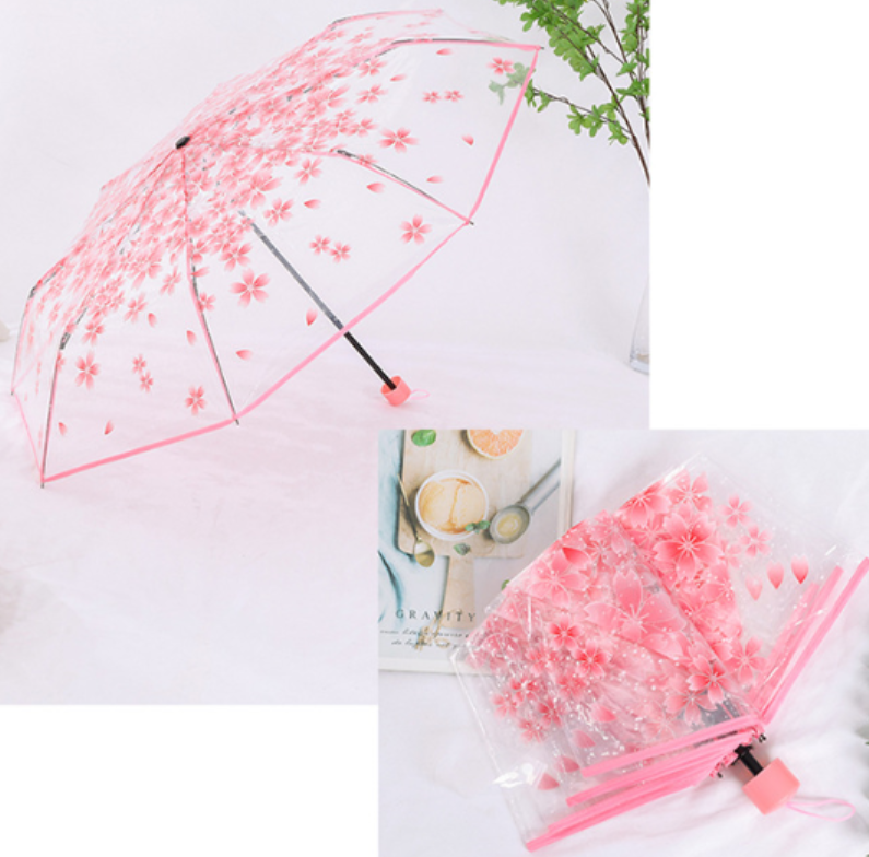 Sakura Pattern Clear Transparent Folding Manual open Umbrella Rainy outdoor umbrella with fun