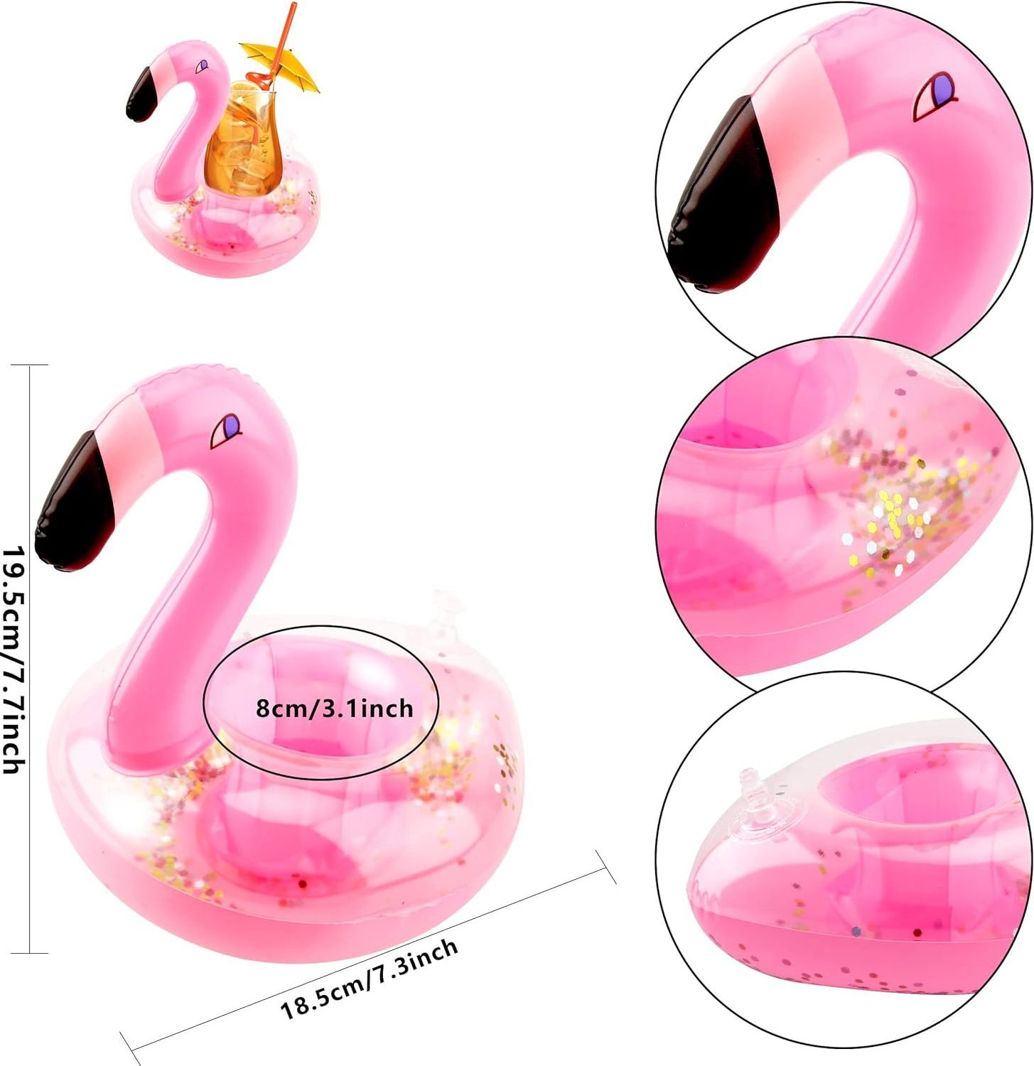 New Coming Glitter Confetti Pink Flamingo Pool Drink Floats Cup Holder Inflatable Flamingo Drink Holder Coasters