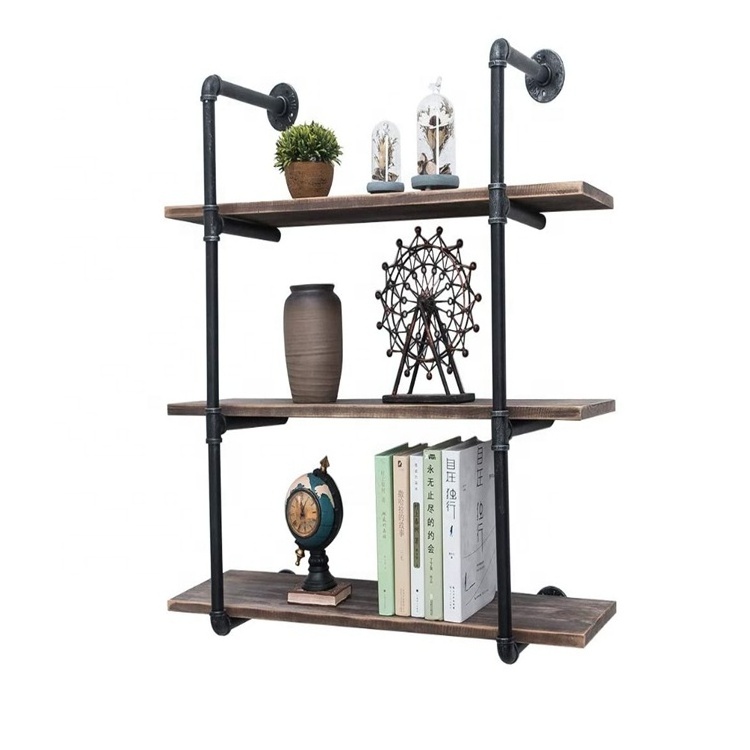 Industrial pipe shelving wall mounted 36in rustic metal floating shelves steampunk real wood book hanging wood wall shelf