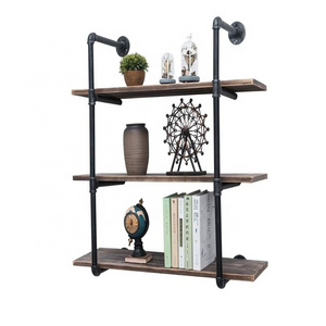 Industrial pipe shelving wall mounted 36in rustic metal floating shelves steampunk real wood book hanging wood wall shelf