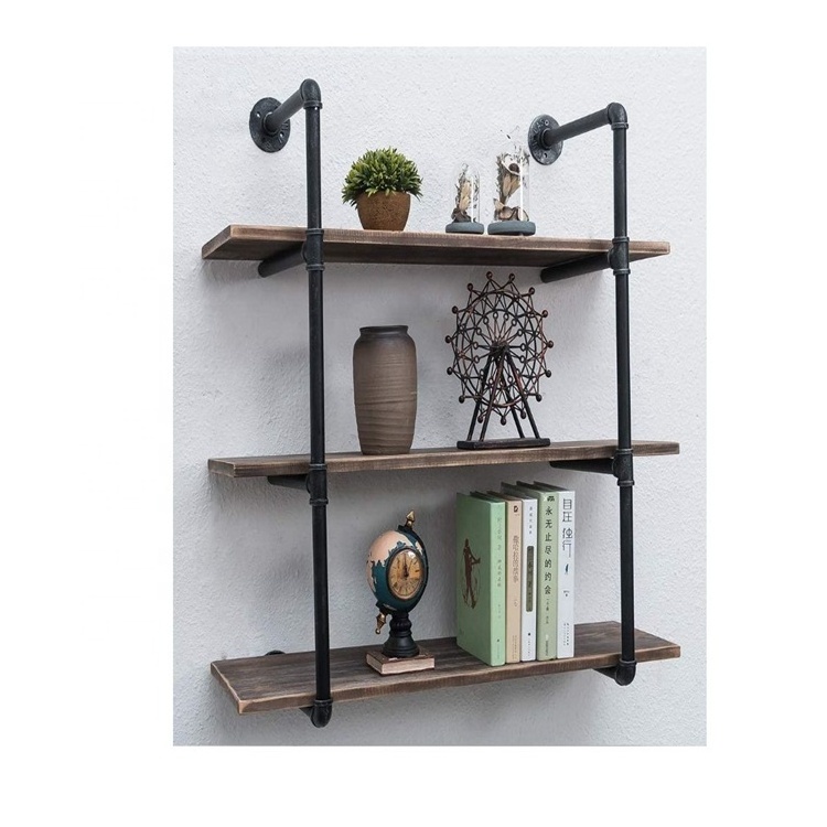 Industrial pipe shelving wall mounted 36in rustic metal floating shelves steampunk real wood book hanging wood wall shelf