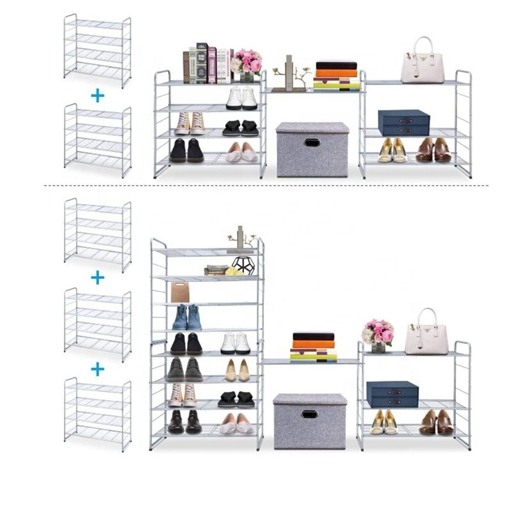 4 tier stackable shoe rack expandable adjustable shoe organizer storage shelf wire grid silver bamboo shoe rack