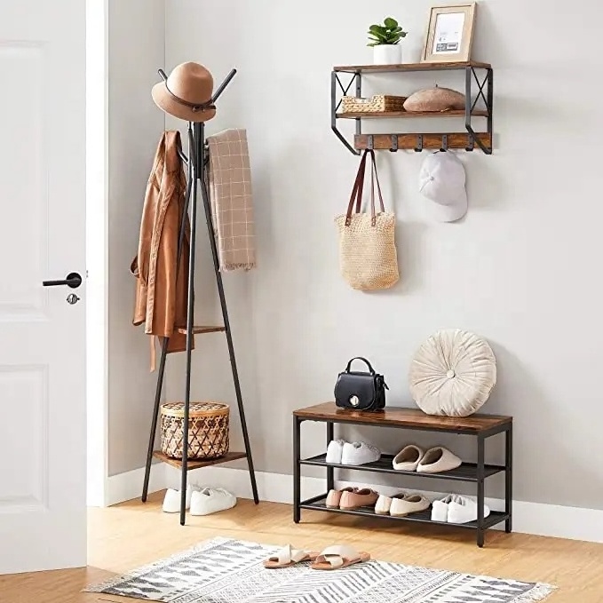 Rustic Wooden Rack Stand, Hanging coat rack, Industrial Style Hall Tree Free Standing With 2 Shelves for Clothes, Hat, Bag