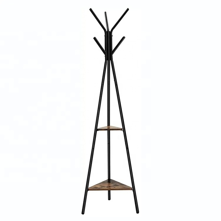 Rustic Wooden Rack Stand, Hanging coat rack, Industrial Style Hall Tree Free Standing With 2 Shelves for Clothes, Hat, Bag