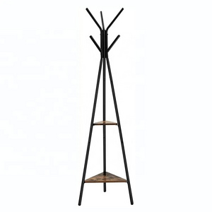 Rustic Wooden Rack Stand, Hanging coat rack, Industrial Style Hall Tree Free Standing With 2 Shelves for Clothes, Hat, Bag