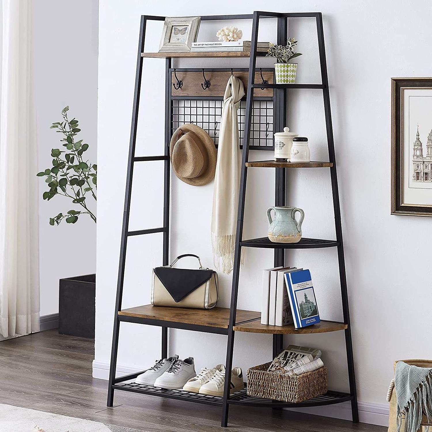 nature Entryway Coat Rack with Storage Shoes Bench Industrial Hall Tree with 5 Tile Storage Shelf