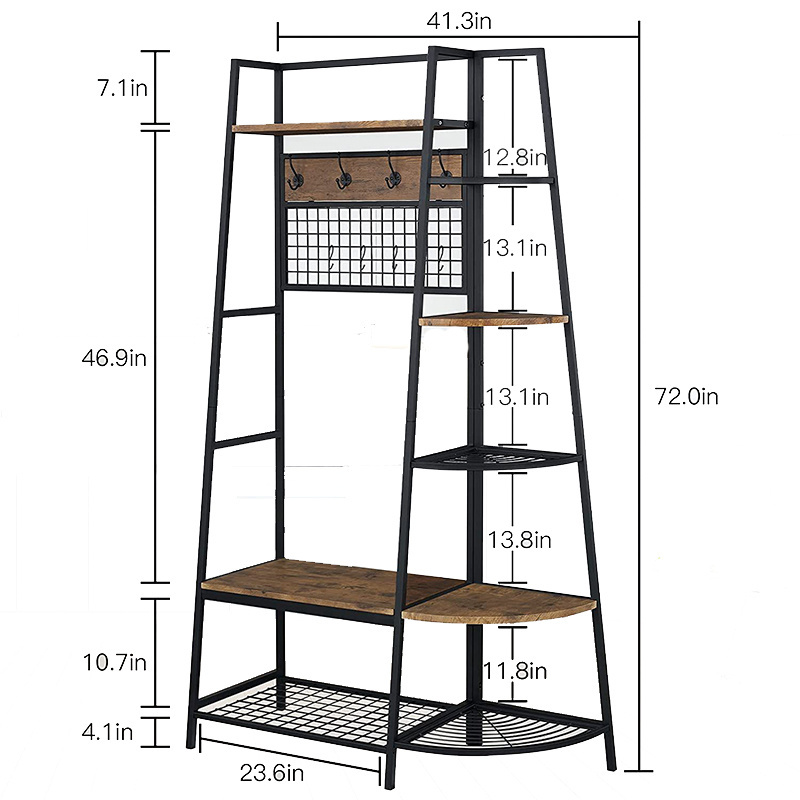 nature Entryway Coat Rack with Storage Shoes Bench Industrial Hall Tree with 5 Tile Storage Shelf