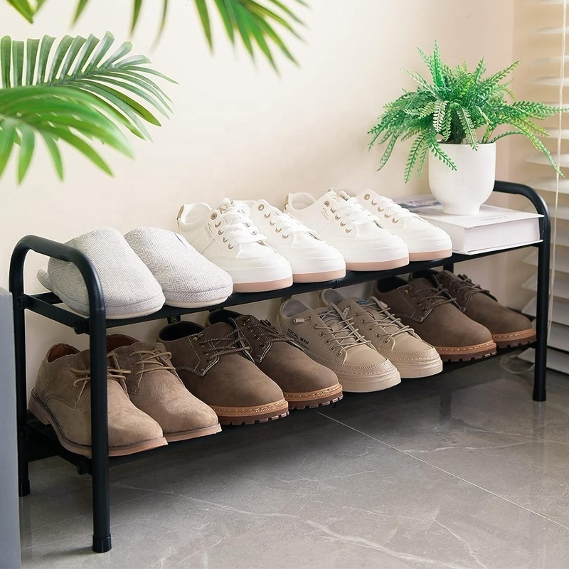 2-Tier Expandable Shoe Rack,Adjustable Shoe Shelf Storage Organizer Heavy Duty Metal Free Standing Shoe Rack for Entryway