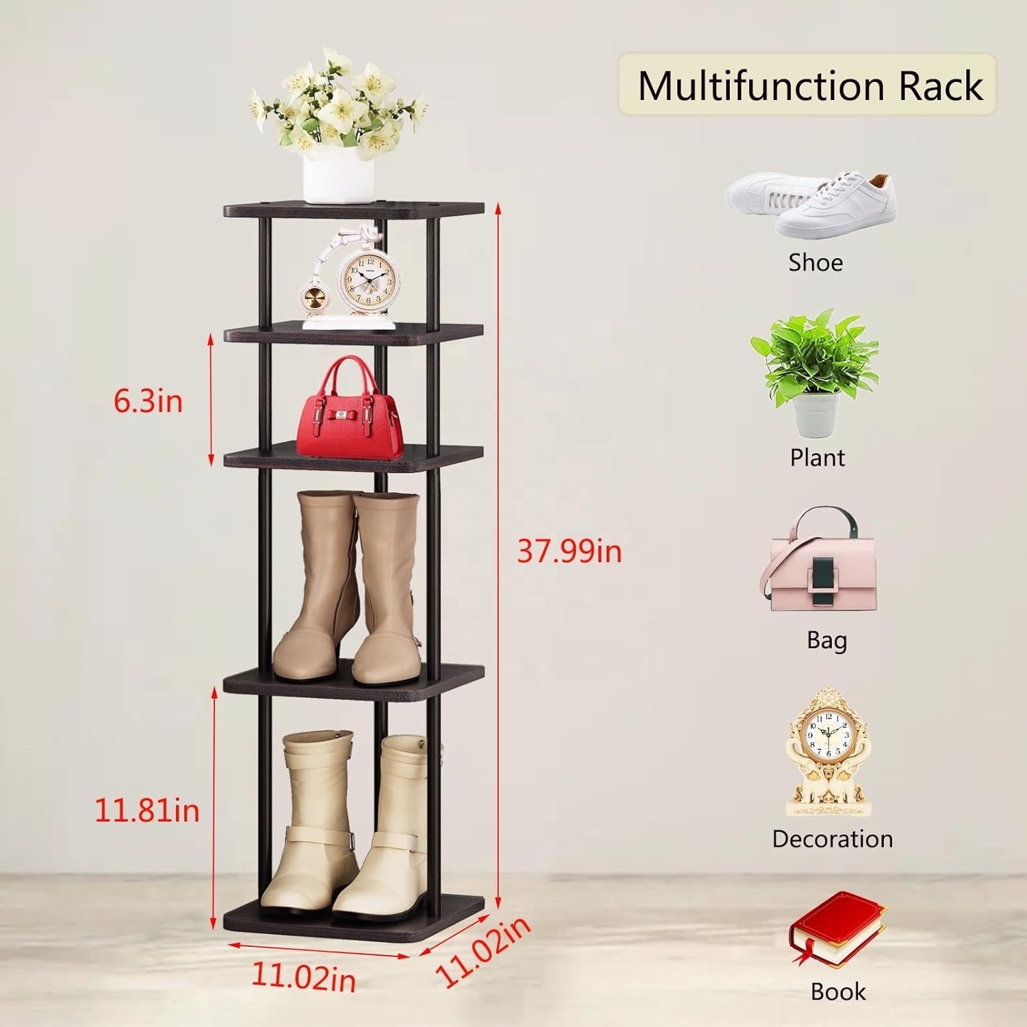 Shoe Rack Organizer 5 Tier Vertical Storage Stand Narrow Shelf for Small Spaces Entryway Corner Closet Door Bedroom Black