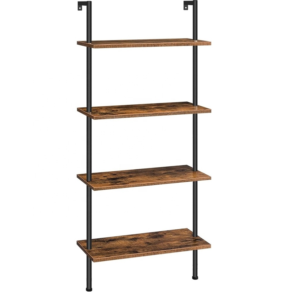 Modern 5-Tier Ladder Shelf Open Wall-Mounted Bookshelf Storage Rack Stand Bookcase For Home Office Vintage Wood