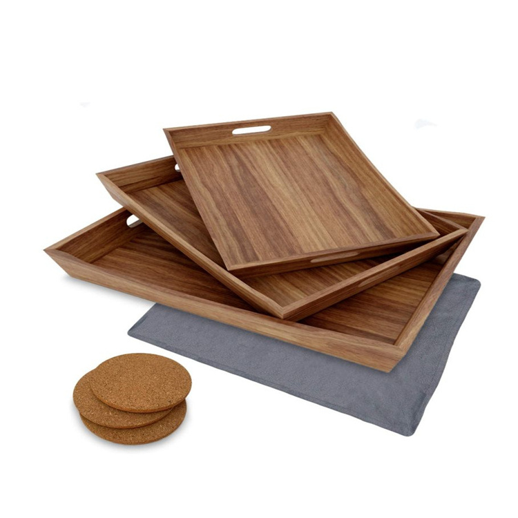 Rustic Wood Serving Tray Set of 3 Large Serving with Handles Wood Coffee Table Tray