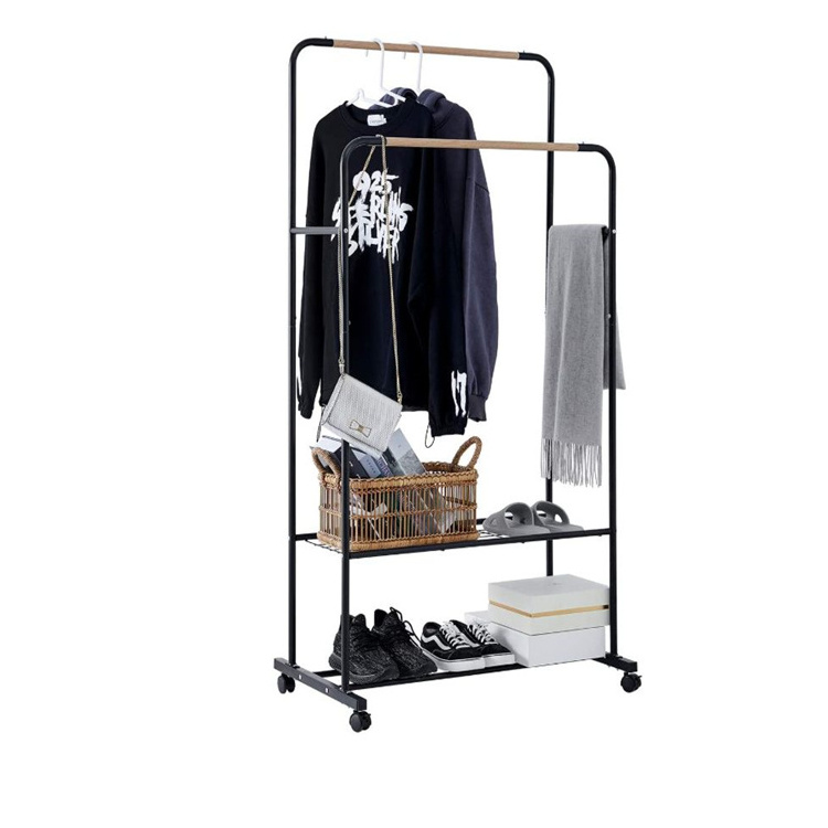 Rolling clothing rack wheels double rails clothes rack 2 tiers metal shelf modern coat rack and stand with shoe shelves