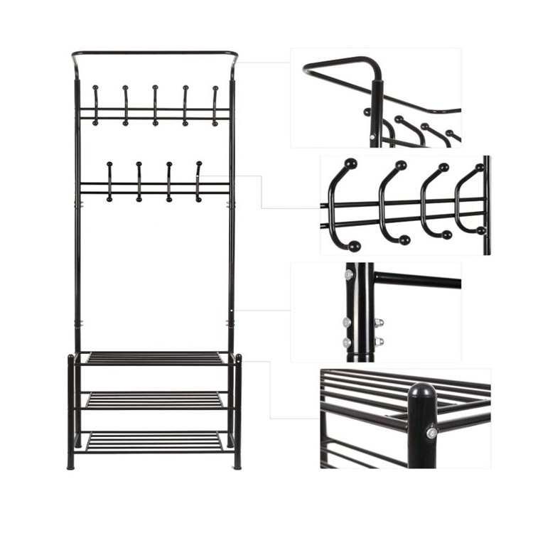 Metal Entryway Coat Shoe Rack 3 tier Shoe Bench with Coat Hat Umbrella Rack 18 Hooks shoe and coat rack