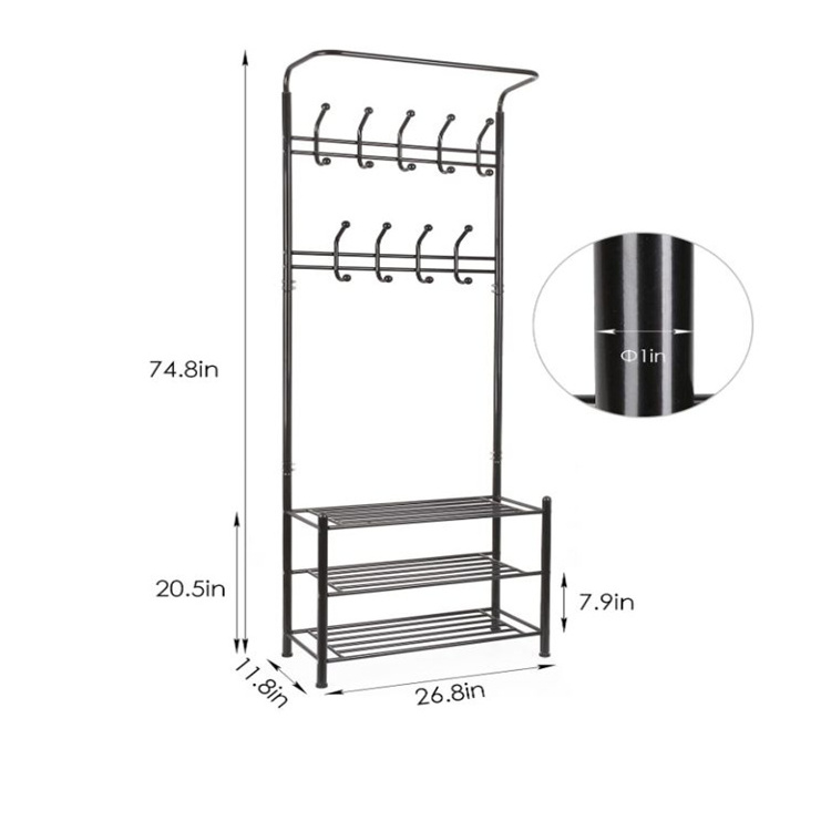 Metal Entryway Coat Shoe Rack 3 tier Shoe Bench with Coat Hat Umbrella Rack 18 Hooks shoe and coat rack