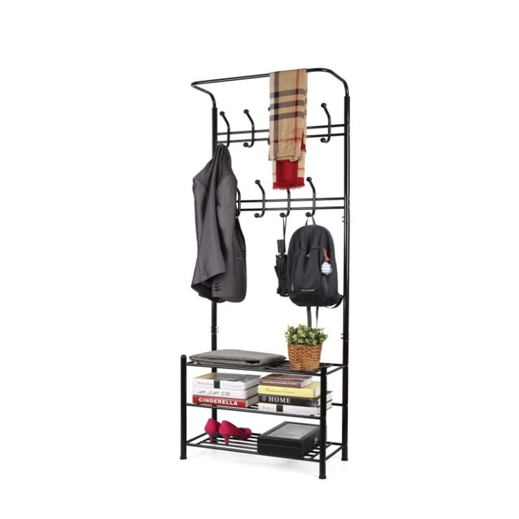 Metal Entryway Coat Shoe Rack 3 tier Shoe Bench with Coat Hat Umbrella Rack 18 Hooks shoe and coat rack