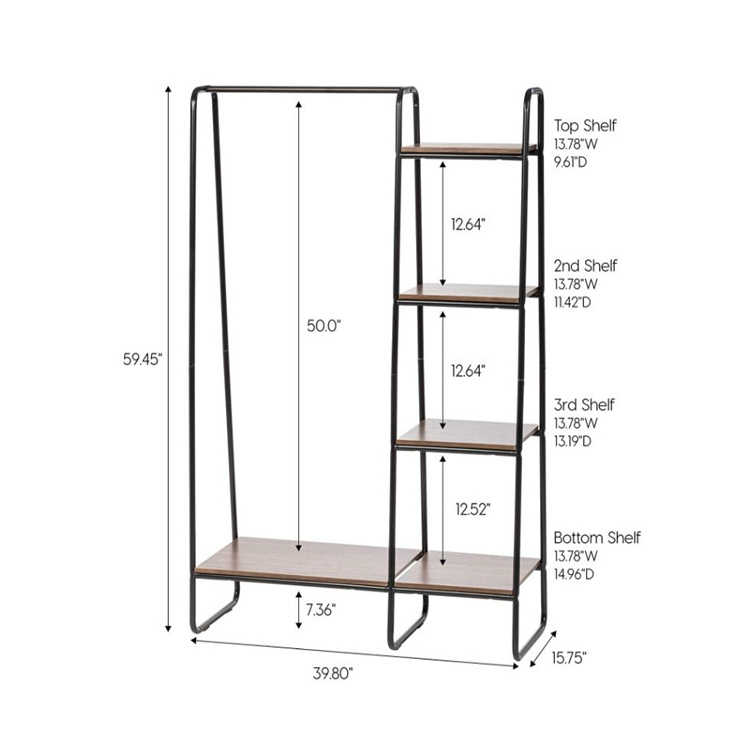 Metal garment rack wood shelves combo black dark brown coat rack shoes golden steel