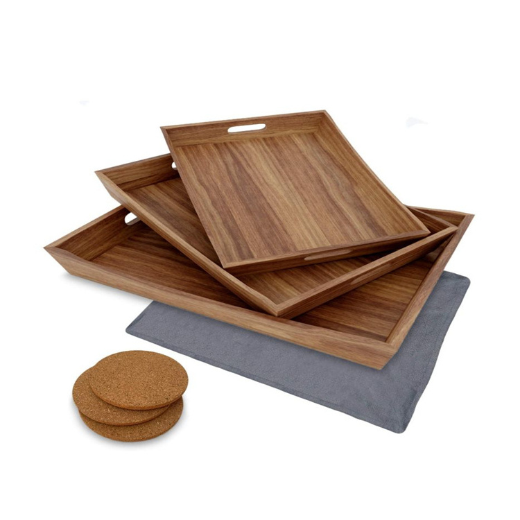 Rustic Wood Serving Tray Set of 3 Large Serving with Handles Wood Coffee Table Tray