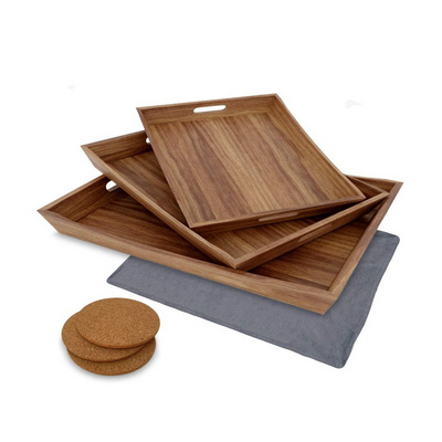 Rustic Wood Serving Tray Set of 3 Large Serving with Handles Wood Coffee Table Tray