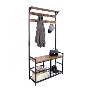 Coat Rack Hall Tree with Shoe Bench for Entryway Storage Bench Wood Look Accent Furniture with Metal Frame, 3-in-1 Design (Rust