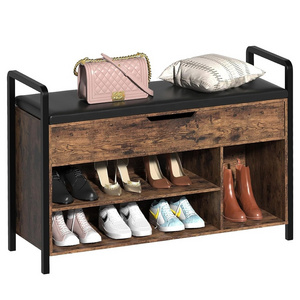 Rustic Brown Wooden Shoe Bench with Cushion- Shoe Bench with armrests and Storage- Multifunctional Storage Bench for Entryway