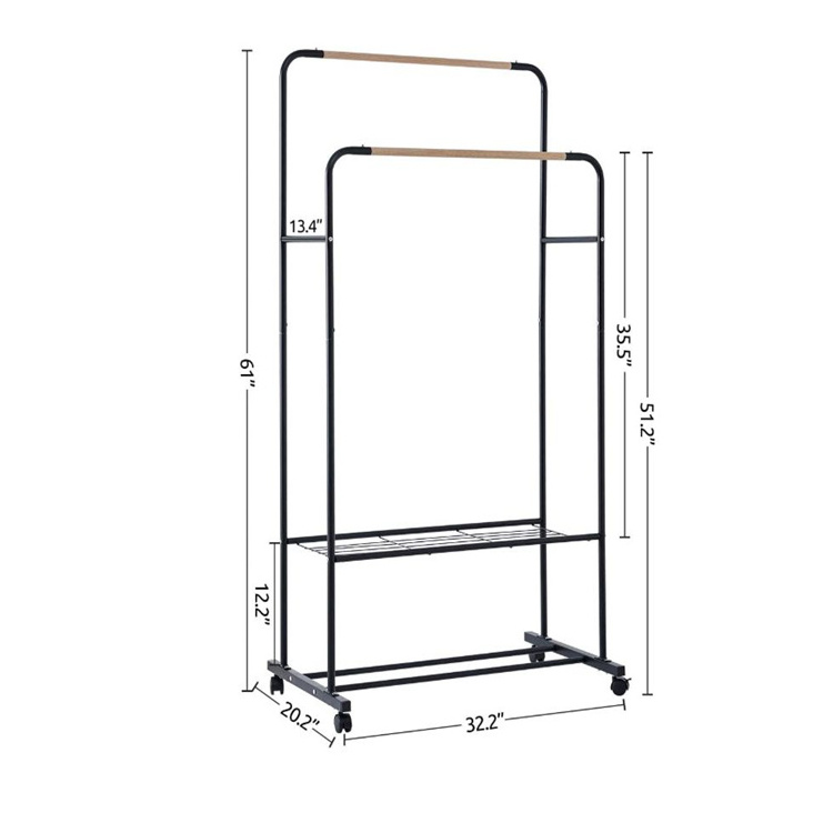 Rolling clothing rack wheels double rails clothes rack 2 tiers metal shelf modern coat rack and stand with shoe shelves