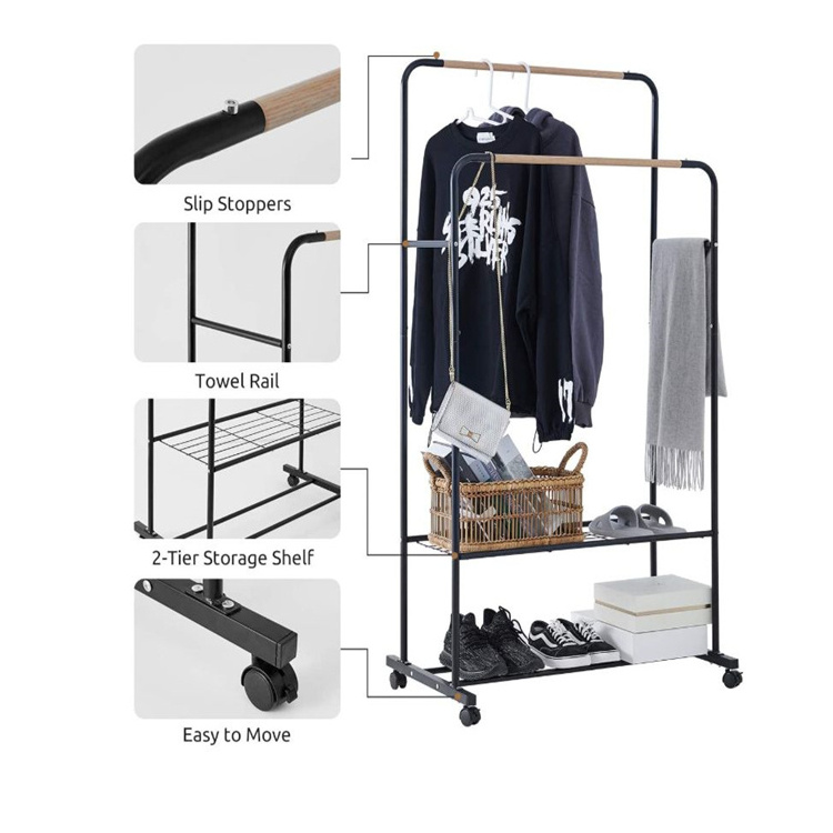 Rolling clothing rack wheels double rails clothes rack 2 tiers metal shelf modern coat rack and stand with shoe shelves