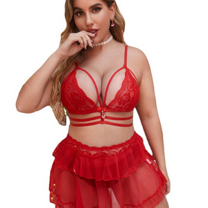 Strappy style fashion bra panty set cute mini skirt fat women ladies sexy christmas two pieces costume lingerie