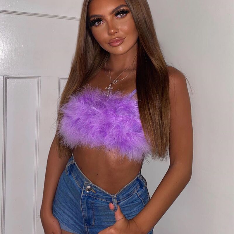 Ins style popular women pink sexy  chain halter fur camisole solid color short sexy sleeveless tank top vest easy to matching