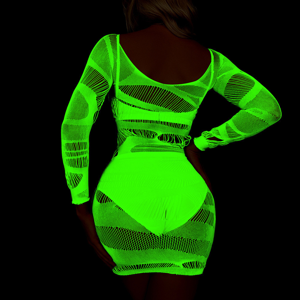 Glow In The Dark Lingerie Hollow Out Girls Sexy Underwear Luminous Long Sleeve Dress Lingerie Women Fishnet Bodystocking