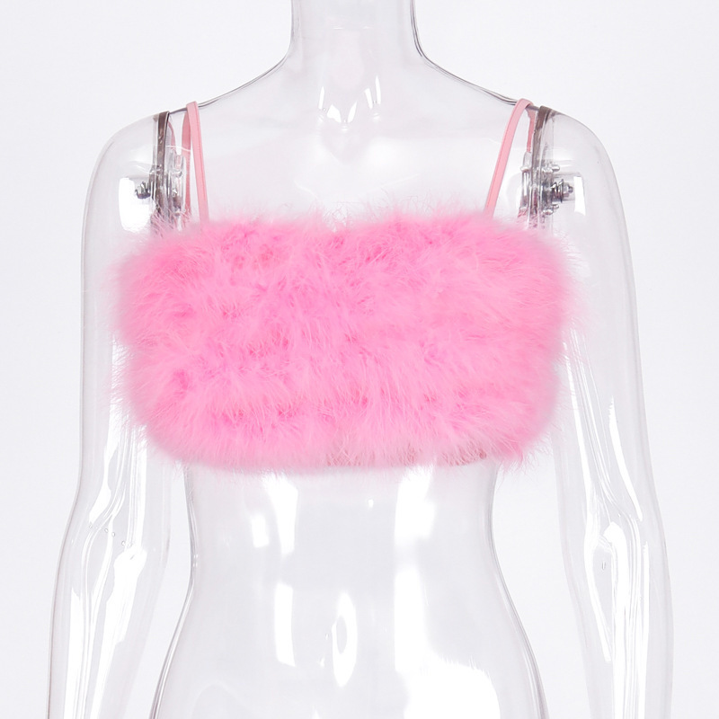 Ins style popular women pink sexy  chain halter fur camisole solid color short sexy sleeveless tank top vest easy to matching