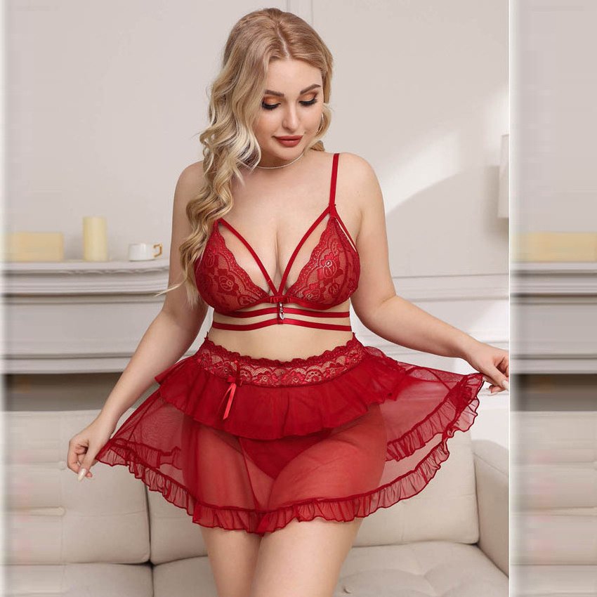 Strappy style fashion bra panty set cute mini skirt fat women ladies sexy christmas two pieces costume lingerie