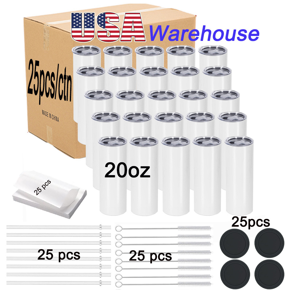 US warehouse wholesale white Sublimation blanks 20oz 30oz Stainless Steel Double Wall skinny straight sublimation tumbler