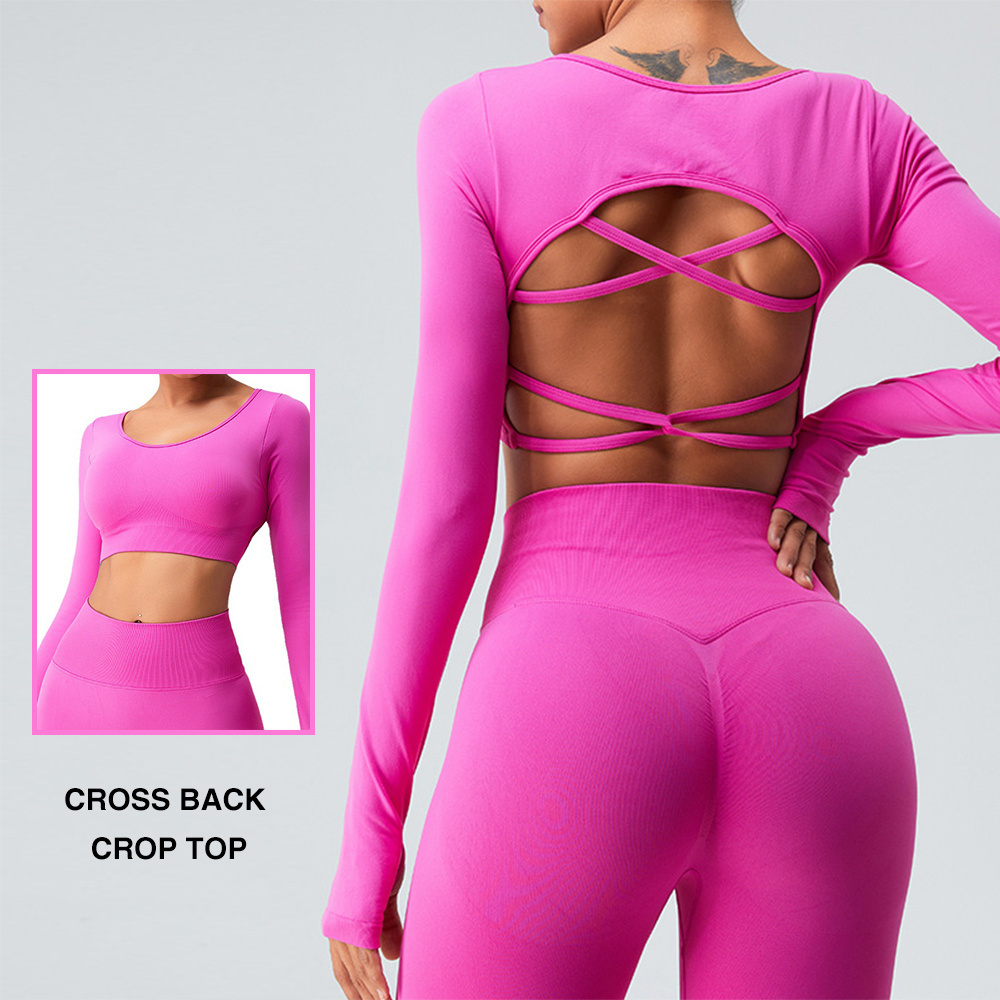 Ropa Deportiva Mujer Tendencia 2023 Female Activewear Seamless Long Sleeved Cross Back Workout Crop Top