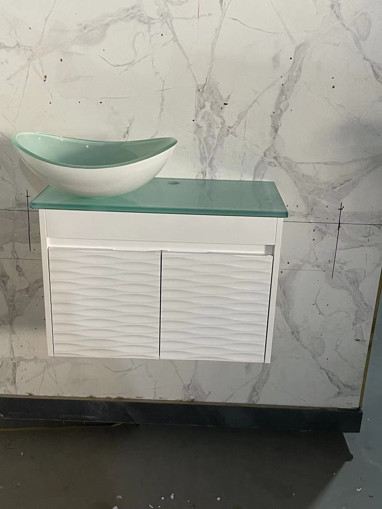 Hotel Small Corner Bathroom Cabinet Waterproof PVC White Bathroom Vanity with Glass Sink